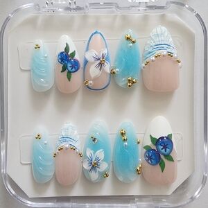3D Blueberry Coquette Press On Nails - Hand-Painted Fruit & Florals - Size Small